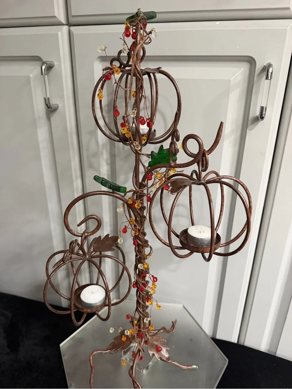 Pottery Barn Rustic Metal Bronze Brown Twig Branch 3 Pumpkins Tealight Holder